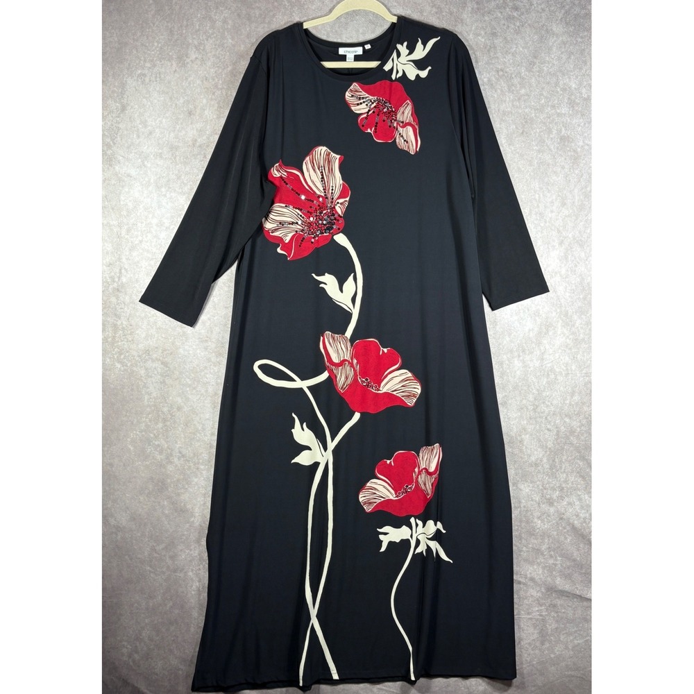 Chicos Maxi Dress Womens Size 4 US XXL Black Embellished Floral Long Sleeve NEW